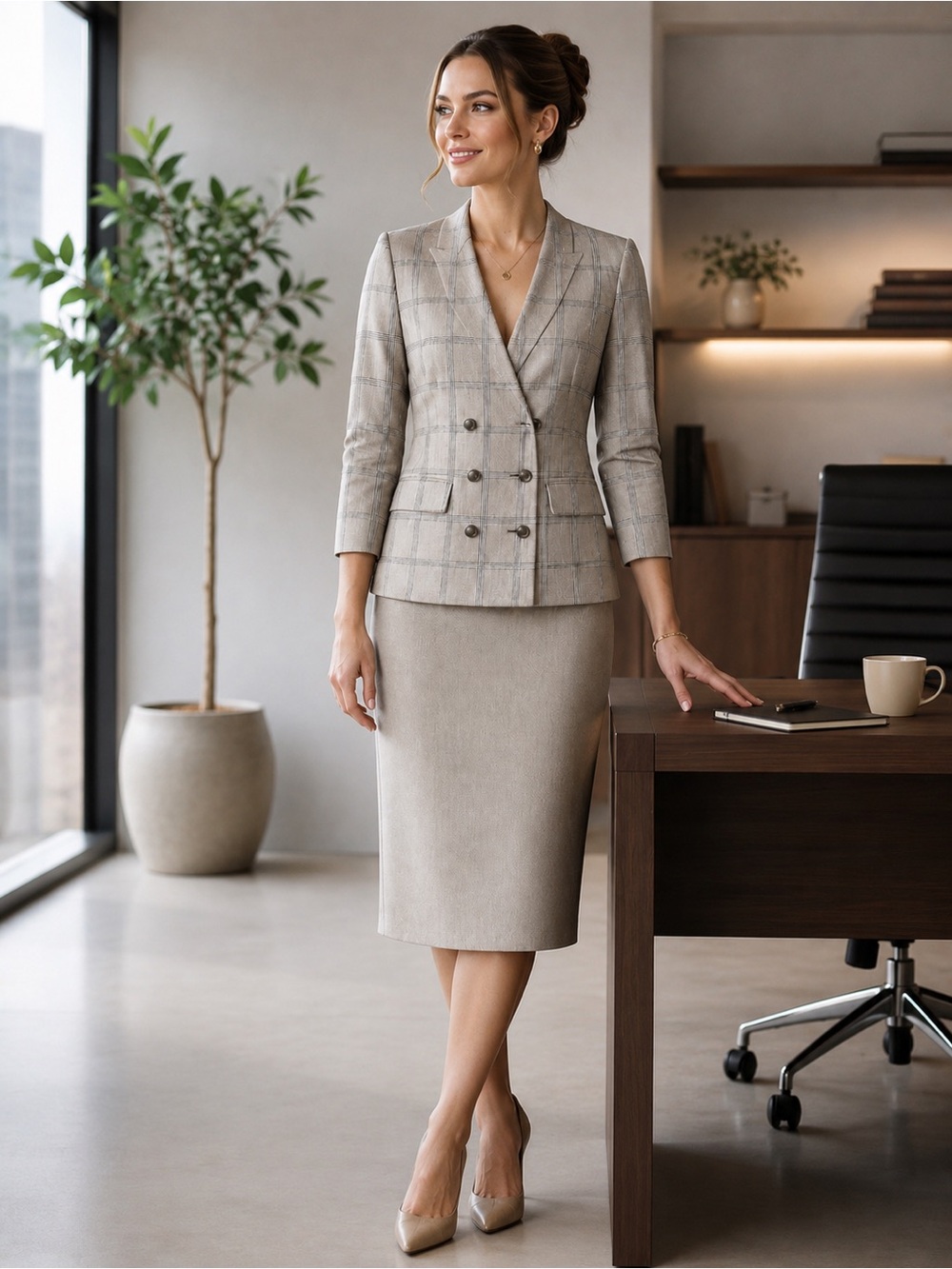 Kasper ASL Beige Plaid Skirt Suit Set Size 14 Career Office Pencil Skirt